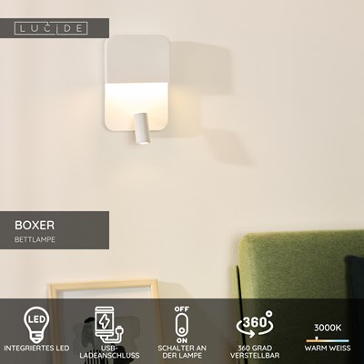 Lucide BOXER - Bettlampe / Wandleuchte - LED - 3000K - Mit USB-Ladepunkt - Weiß